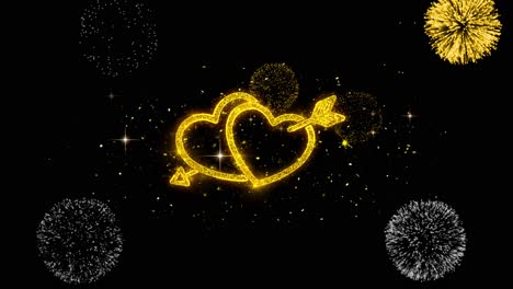 golden hearts with arrow and fireworks