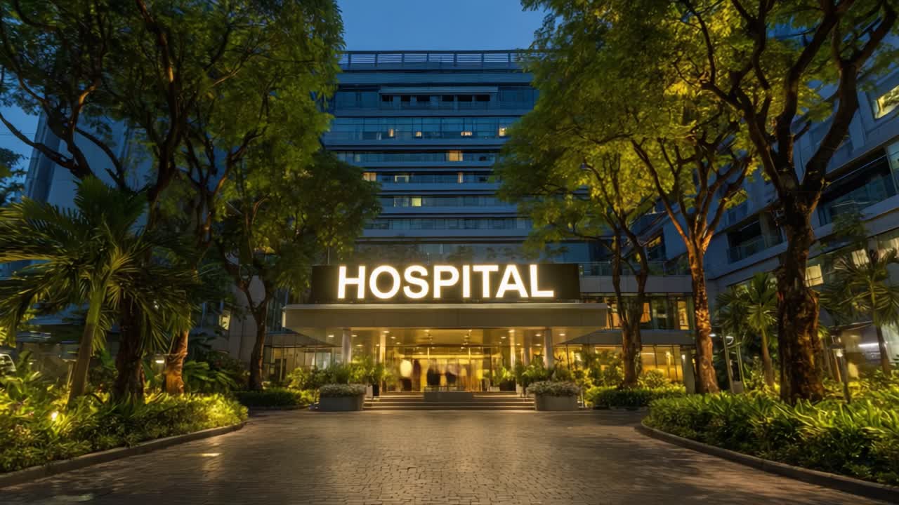 Illuminated Hospital Entrance at Night Surrounded by Lush Greenery with Visitors Approaching in the Evening Glow