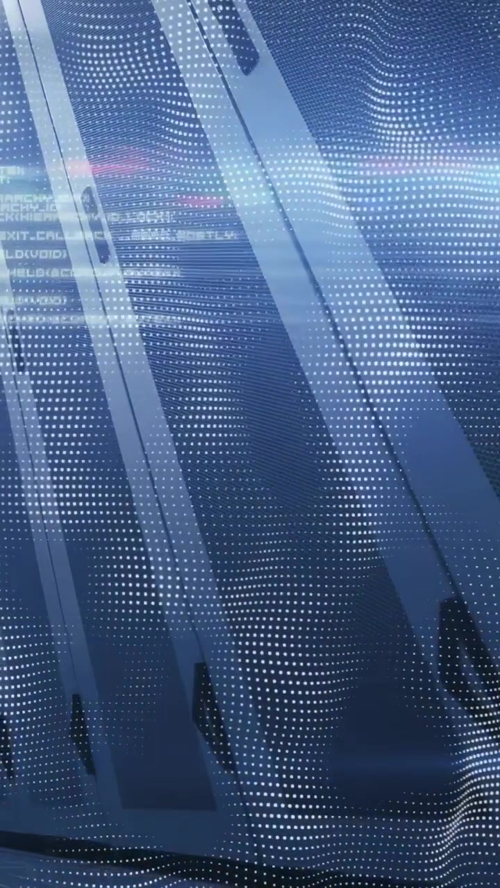 Vertical video: On play dot-matrix rippling, diagonal beams bending, HUD fading for tech promo
