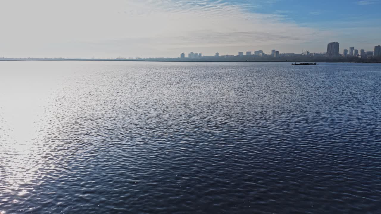 Flamingo stands in water at city shoreline during daylight