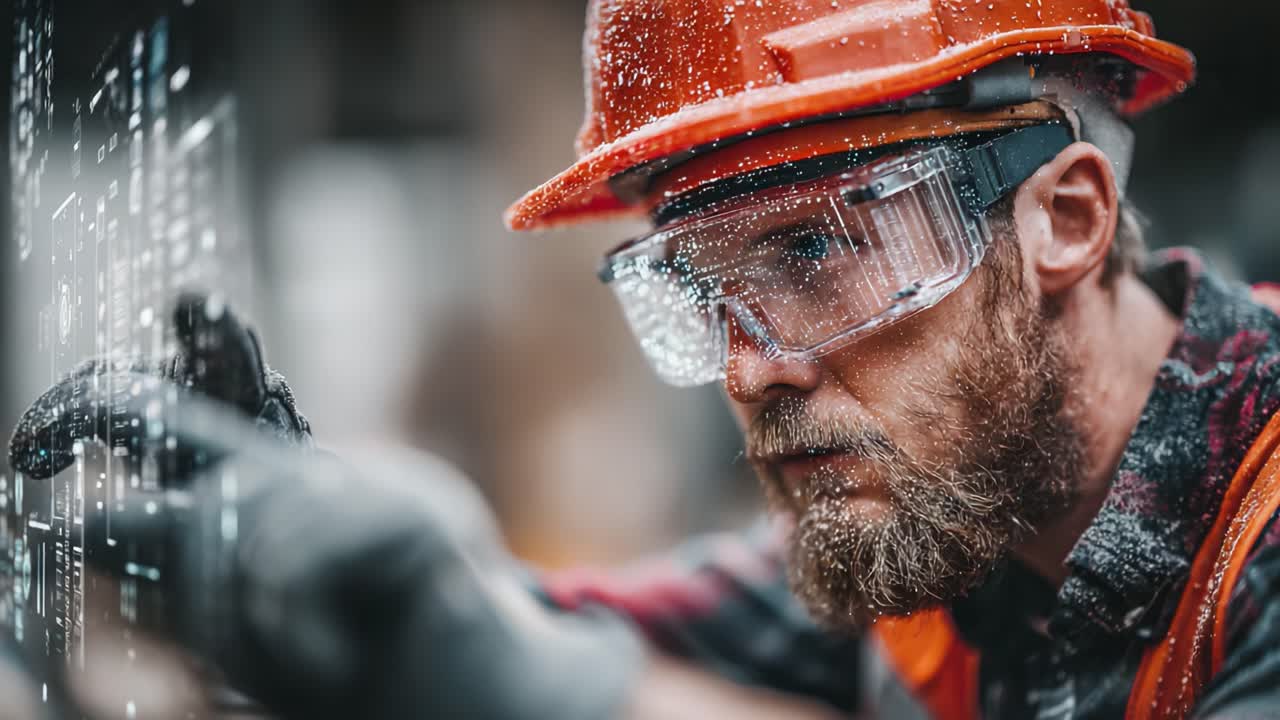 Focused Construction Worker Analyzing Data on Transparent Display in Industrial Environment - Precision and Safety with High-Tech Gear Highlighted