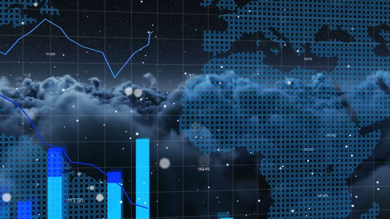 Animation of graphs and dots over world map and night cloudy sky