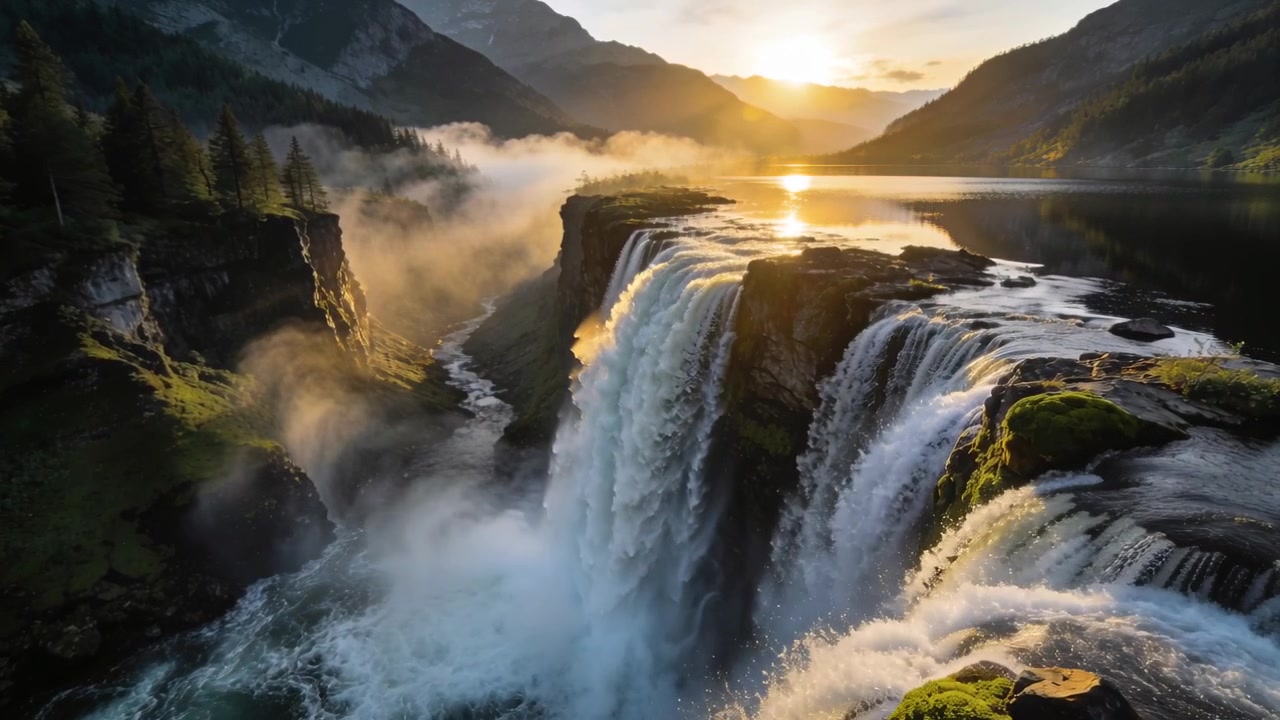 Mostra una cascata a più livelli che scende da un lago alpino su un bordo muschioso mentre il sole scintilla.