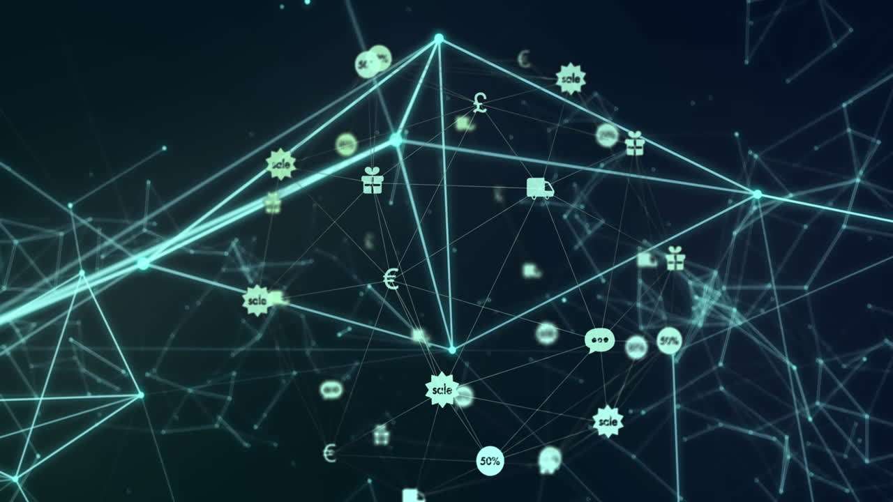 animación de puntos conectados y venta, regalo, signo del euro conectado con líneas que forman un globo