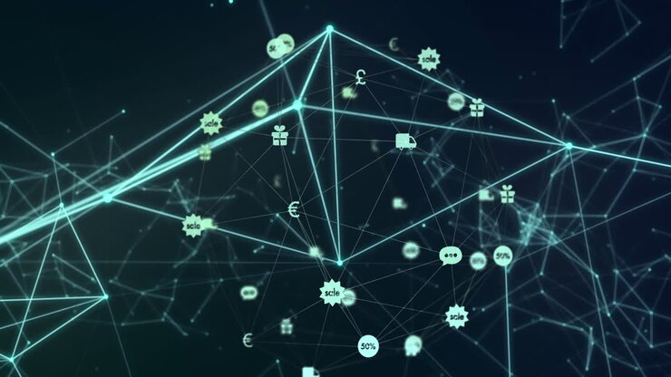 Animation of connected dots and sale, gift, euro sign connected with lines forming globe