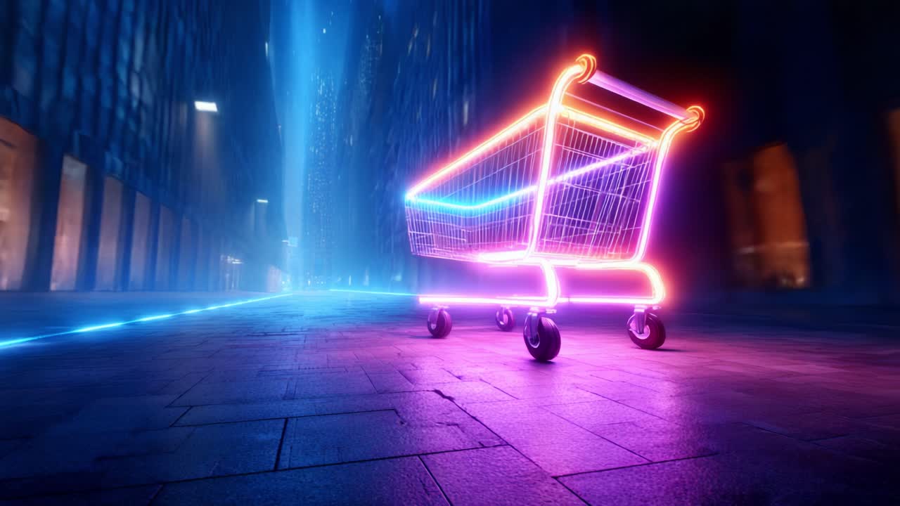 A Vibrant Neon Shopping Cart Glides Through a Dark Urban Setting, Emitting an Eye-Catching Glow Amidst Haunting Shadows and Reflections on Sleek Surfaces