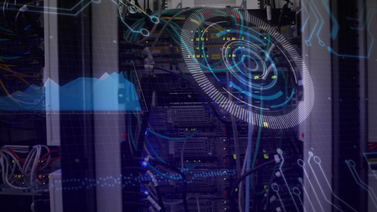Holographic HUD appearing and rotating over server rack, visualizing network monitoring streams