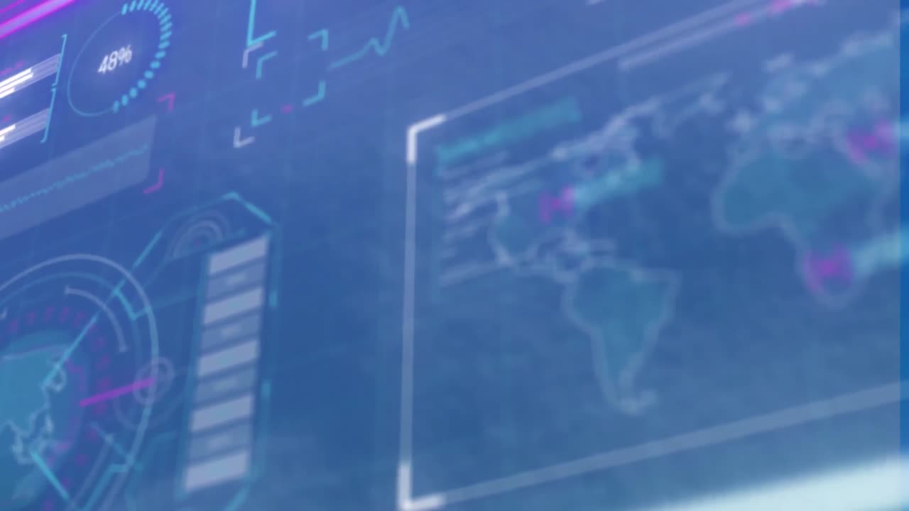 Animation of interface with data processing against blue textured background