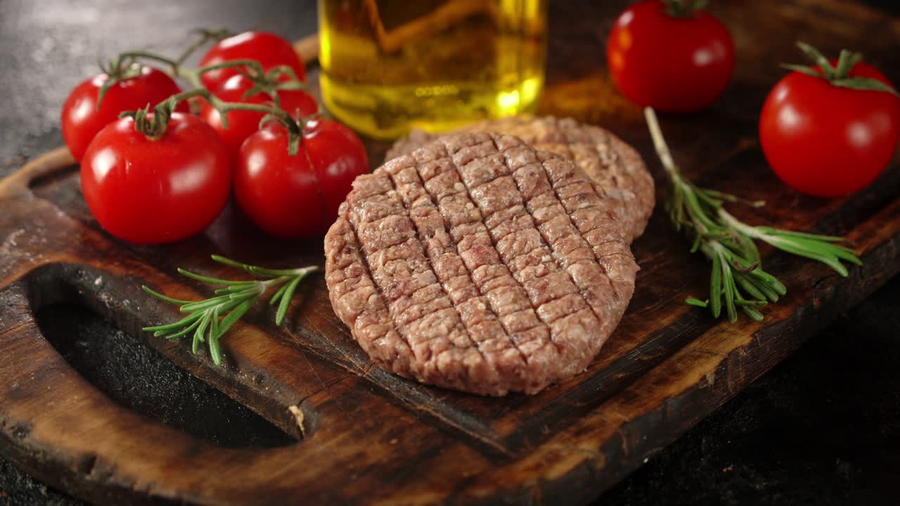 Raw burger with tomatoes and oil on a cutting board rotates.