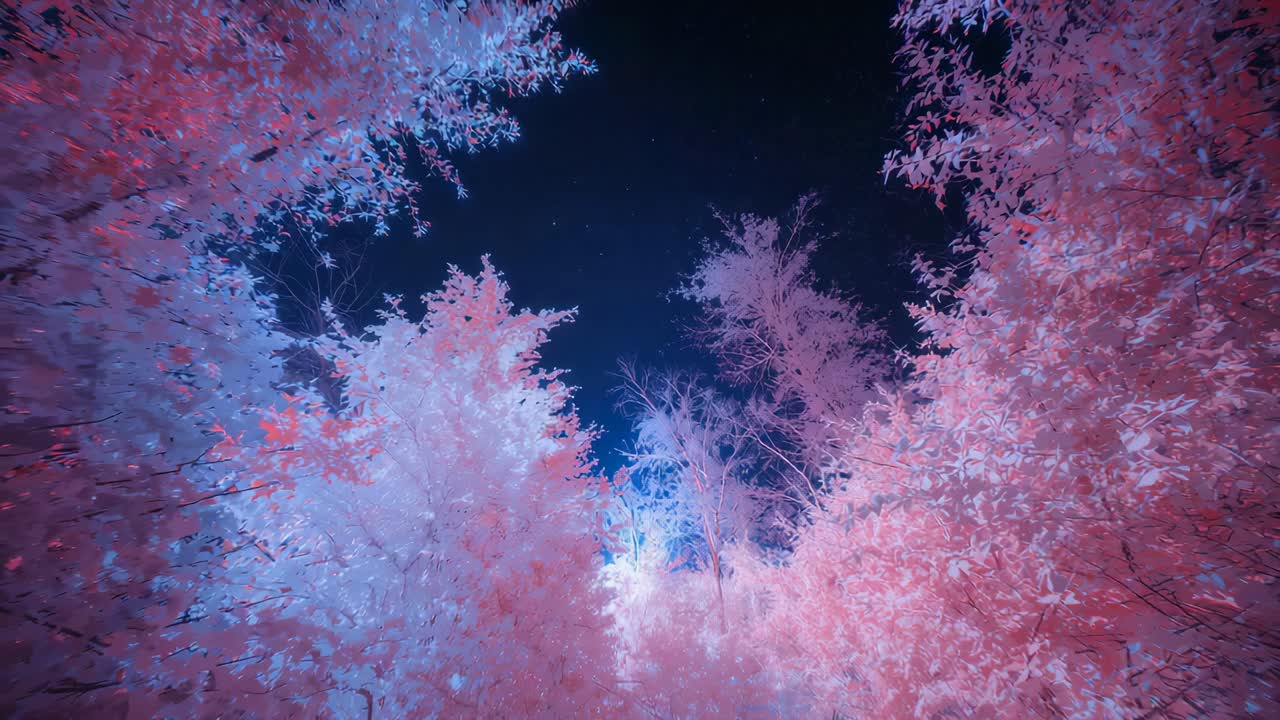Camera tilting upward through forest canopy, showing starry sky and bluish glow on pink leaves