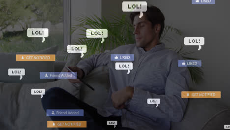 Animation-Von-Social-Media-Symbolen-über-Einem-Kaukasischen-Mann,-Der-Ein-Digitales-Tablet-Verwendet-Und-Zu-Hause-Auf-Der-Couch-Sitzt