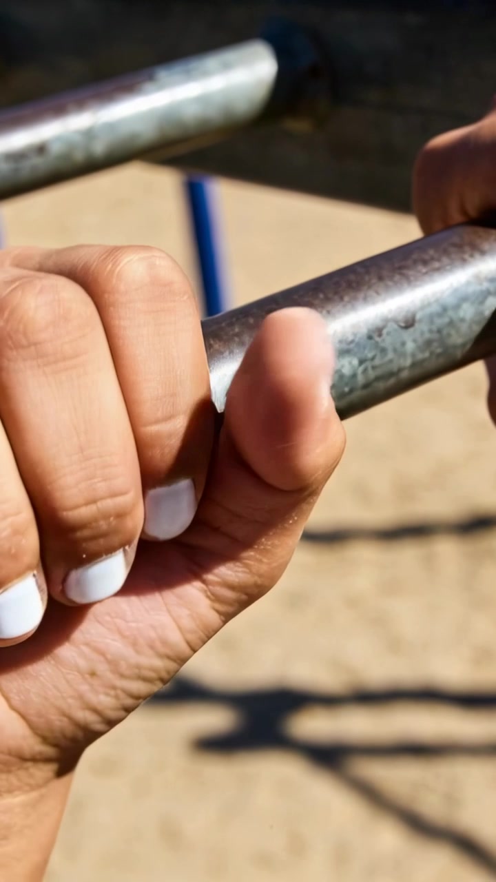 Video verticale: Mano che stringe una barra di metallo arrugginita in un parco giochi per mantenere la presa, unghie bianche
