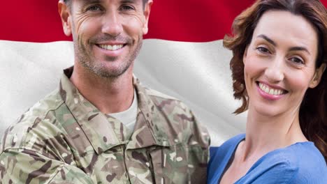 Animation-of-caucasian-male-soldier-with-wife-over-flag-of-netherlands