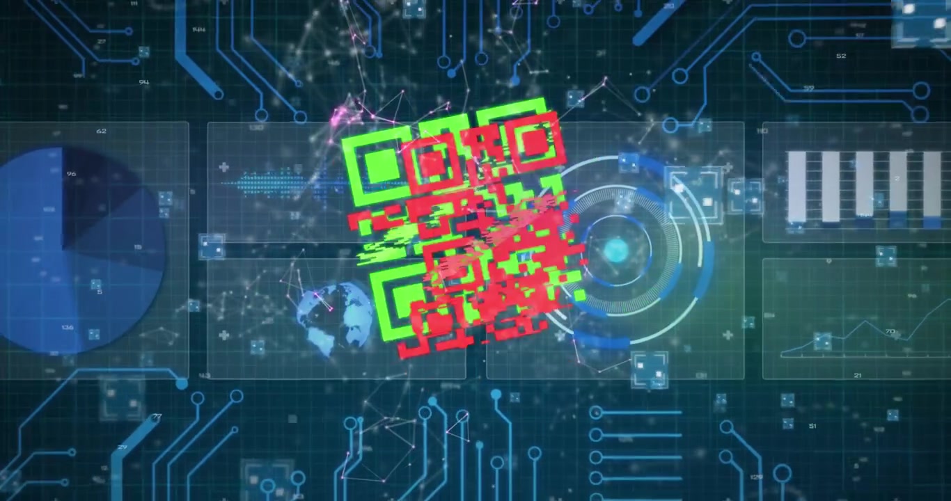 Animação de códigos QR coloridos sobre processamento de dados, gráficos e diagramas em interface escura