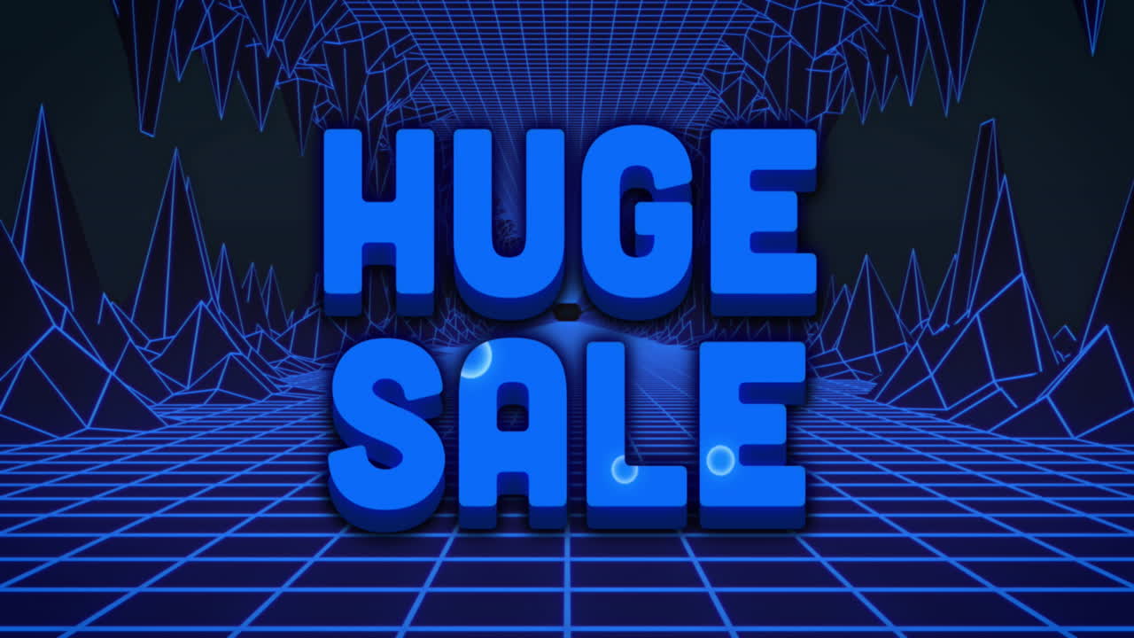 파란색 디지털 동굴 지형 위에 거대한 판매 텍스트의 애니메이션