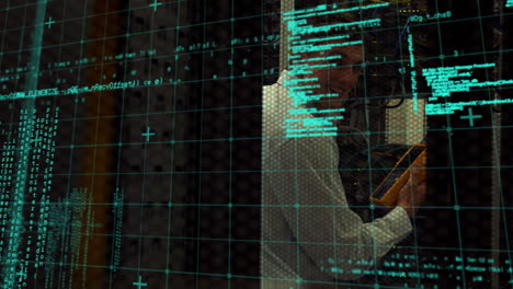 animation of data processing over caucasian man in server room