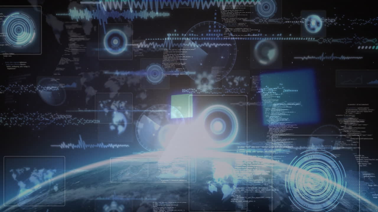 Digital interface with data processing animation over view of Earth from space