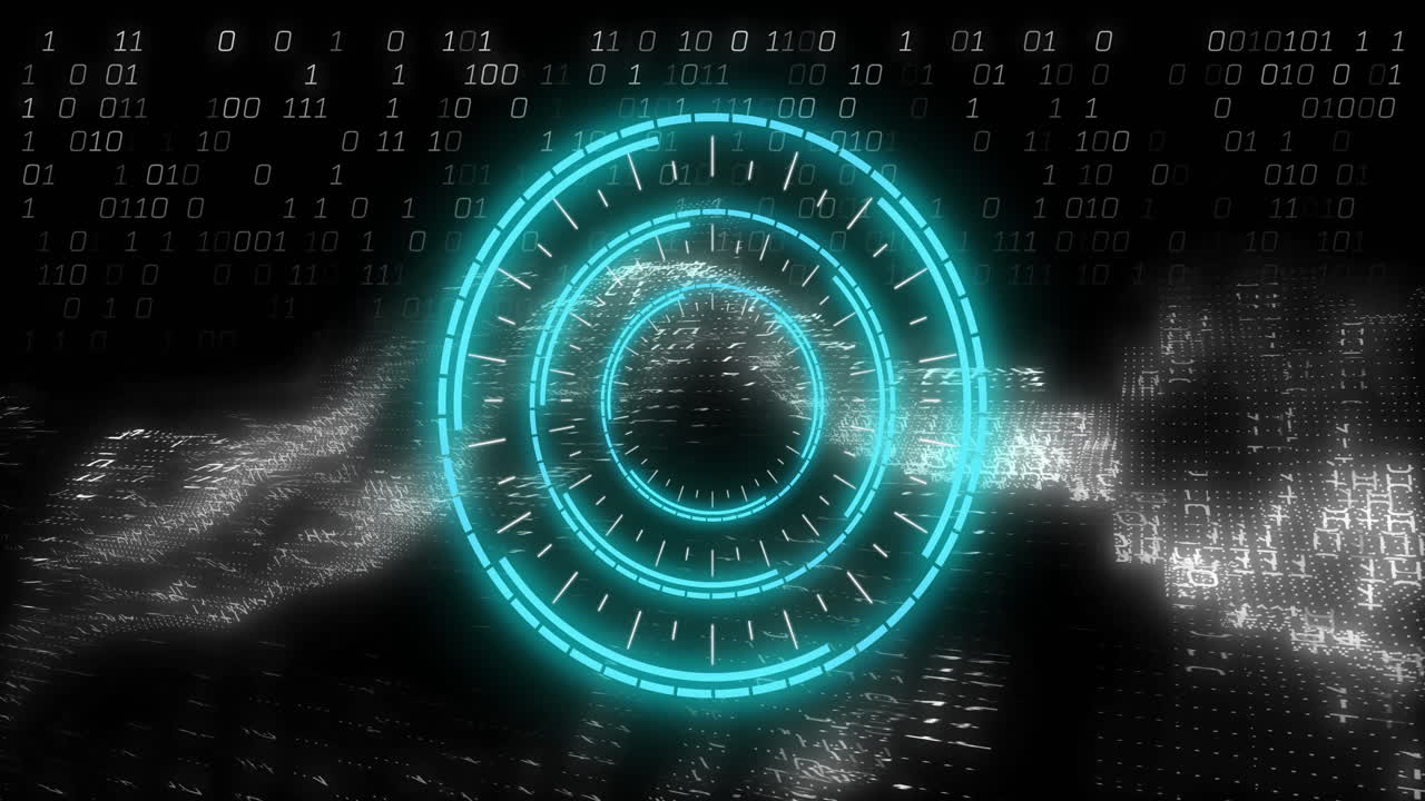 Animation of futuristic glowing circles over binary code in digital interface
