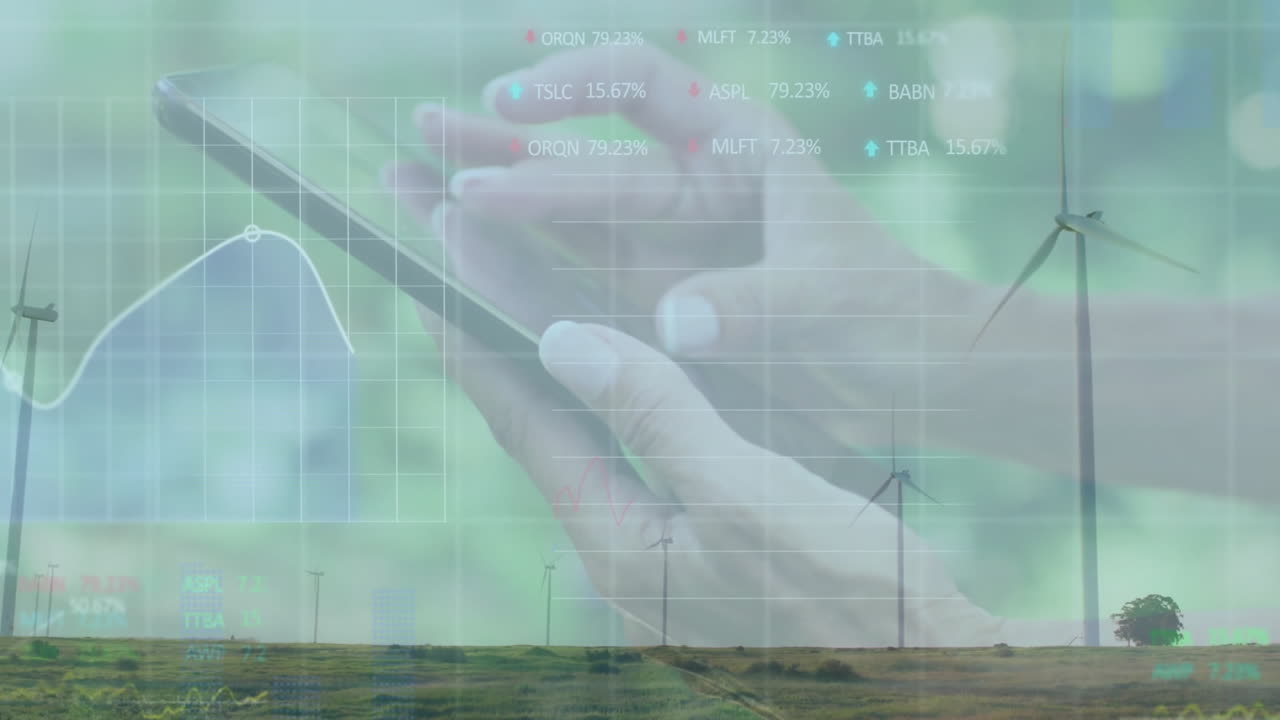 Woman using smartphone over rural wind farm, displaying floating graphs and stock tickers