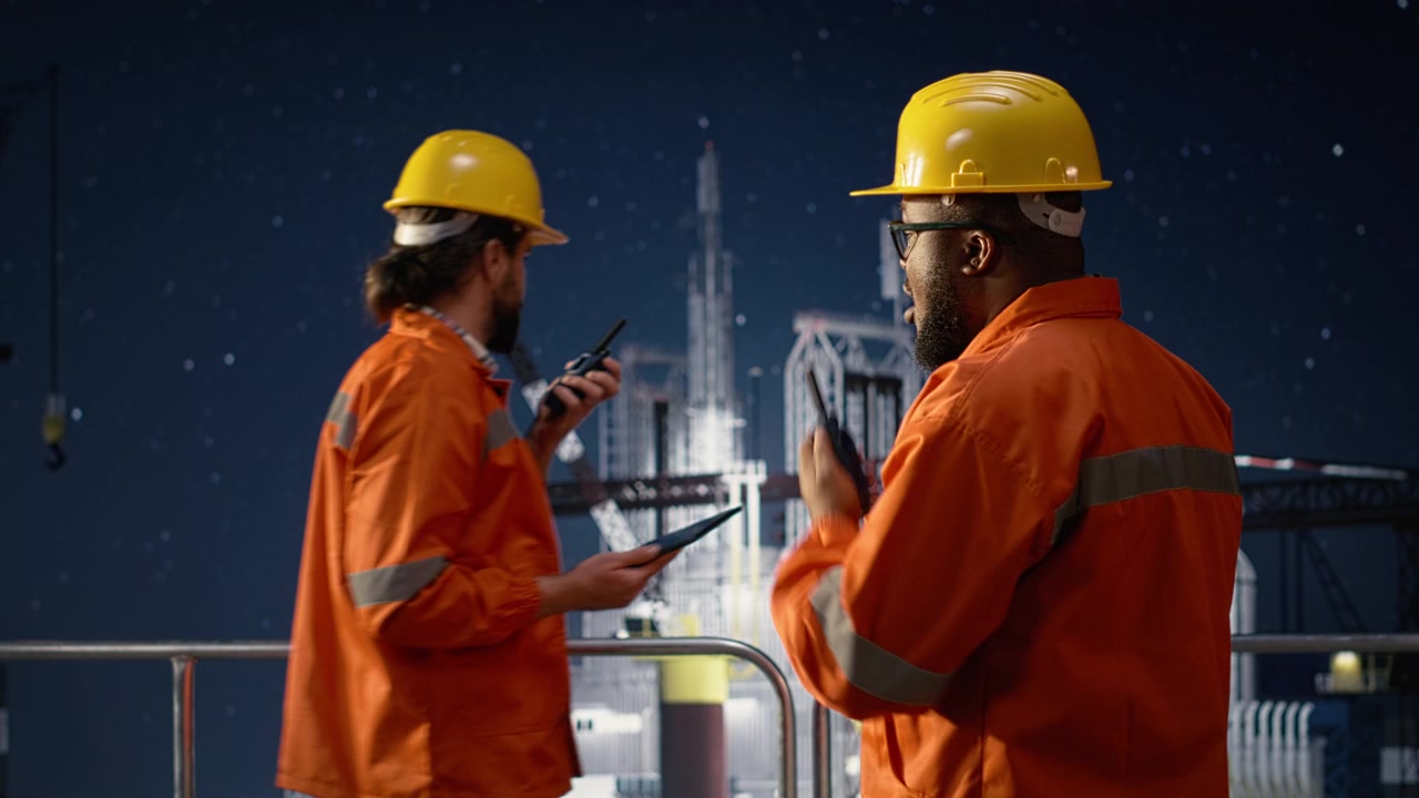 Mænd på en offshore-boreplatform taler i walkie-talkie og rapporterer om den globale oliekrise.