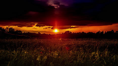 Dark-storm-clouds-pass-by-in-an-orange-sky-above-a-farmland