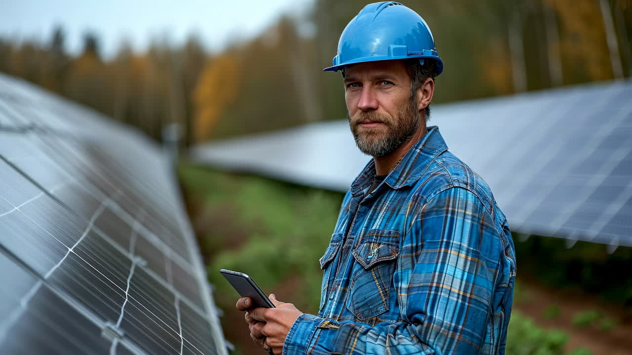 Worker inspects solar panels. A skilled worker inspects solar panels while using a smartphone at a solar farm on a sunny day