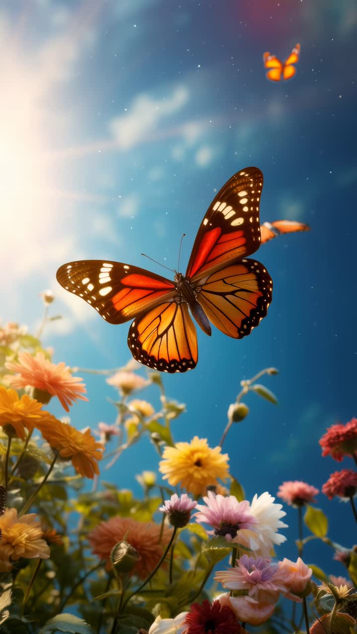Farfalle vivaci volano sopra fiori colorati, catturate da un'angolazione bassa in una scena video onirica
