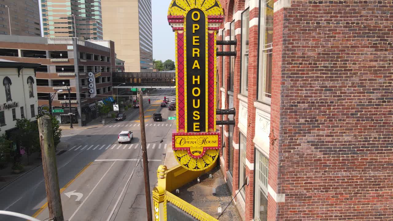 Historic Lexington Opera House and Broadway Street in aerial view