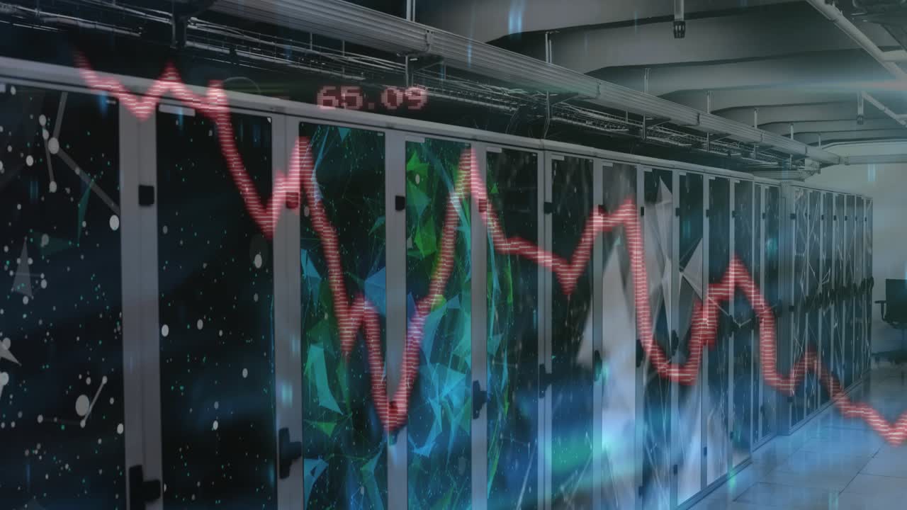 Server rack row showing translucent red waveform activating on data feed, visualizing metrics