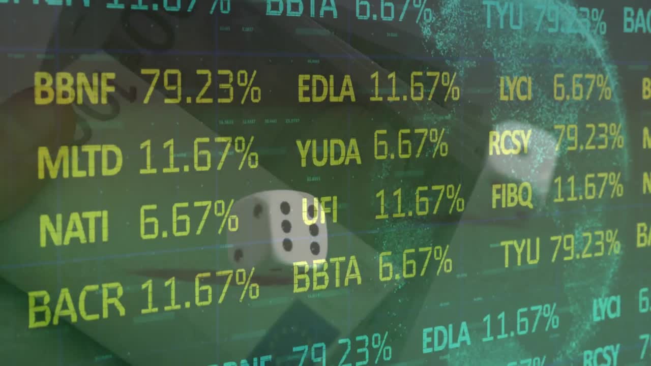 두 개의 주사위와 녹색 배경의 유로 통화 지폐에 대한 금융 데이터 처리 애니메이션