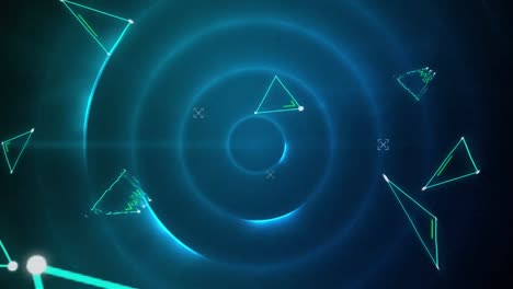 Green-triangles-against-moving-circles-of-light-on-black