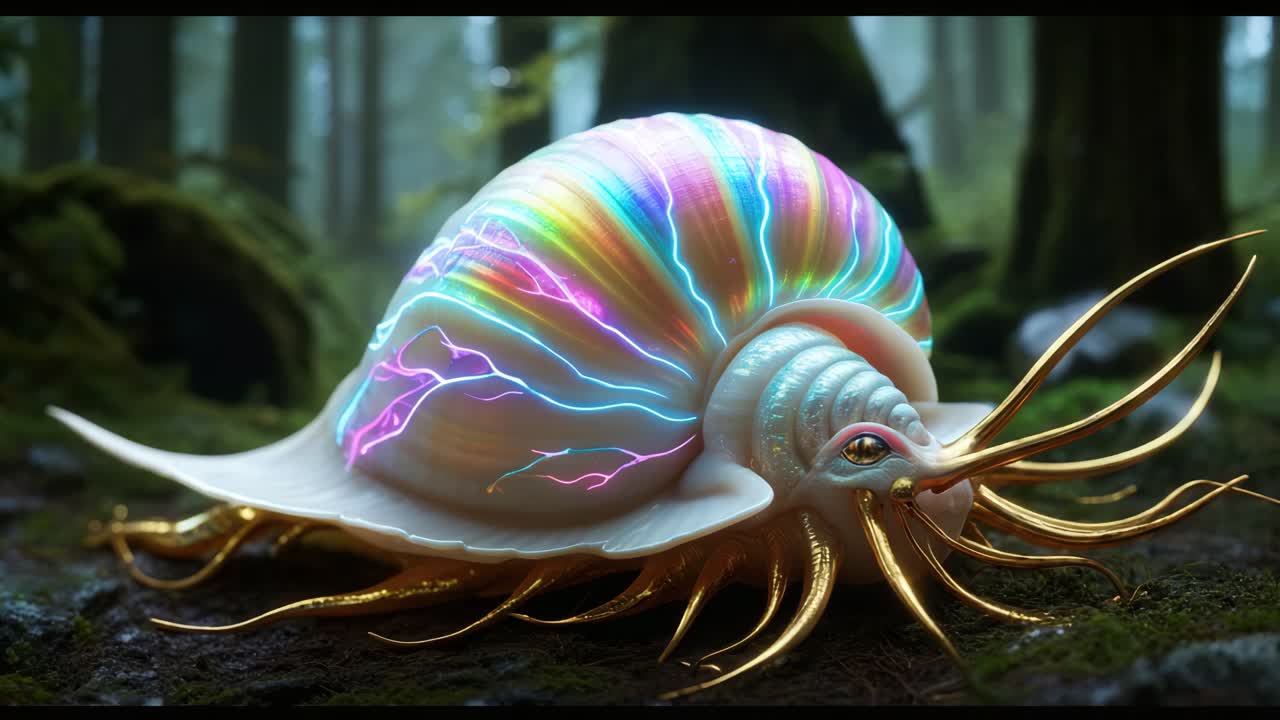un caracol arco iris brillante en un bosque