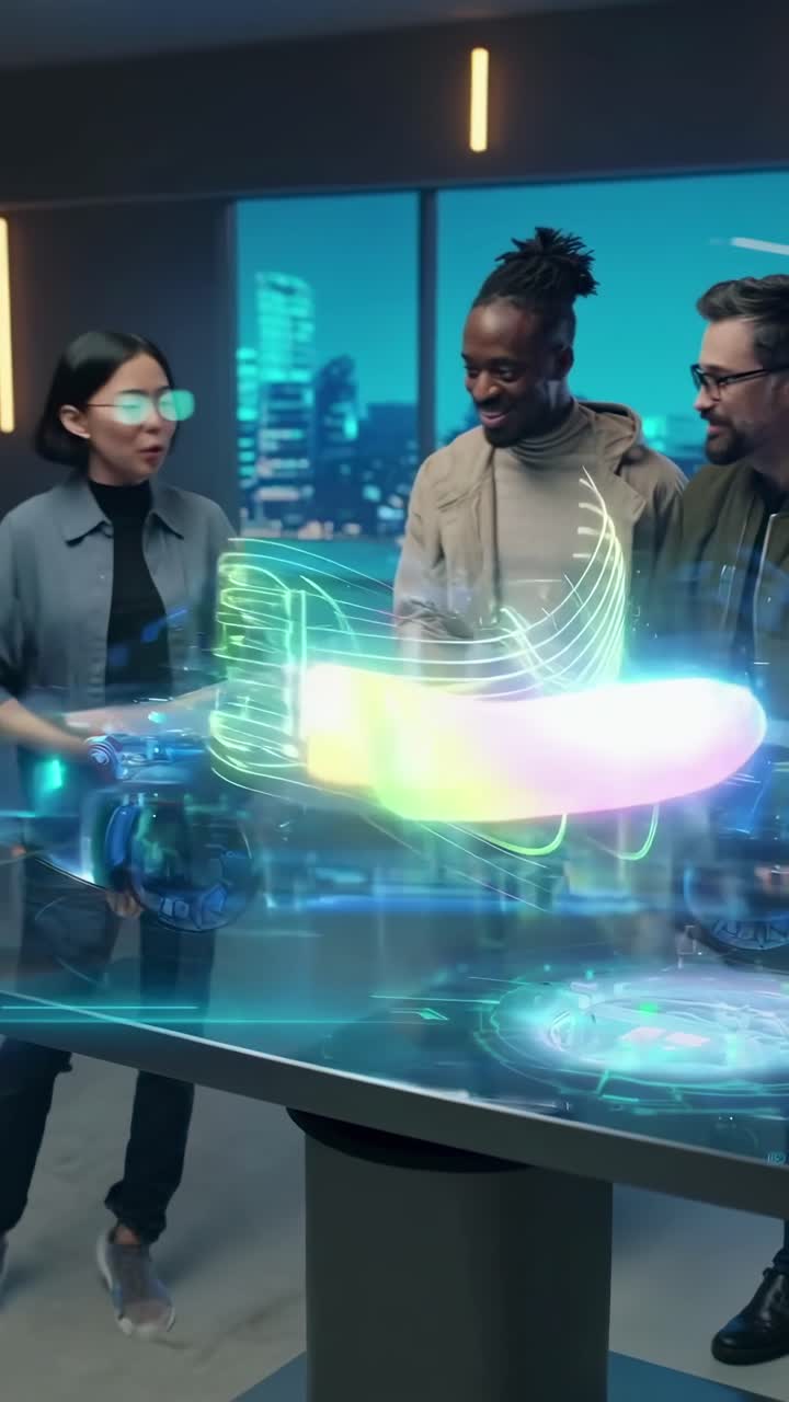 Futuristic video concept with a holographic car model, captured from a side angle