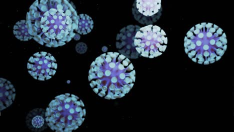 close-up coronavirus tipo covid-19, h1n1, gripe aviar o gripe porcina se mueven suavemente en fluido representación 3d del virus como fondo de bucle microscópico microbiológico. color de gradiente azul blanco púrpura