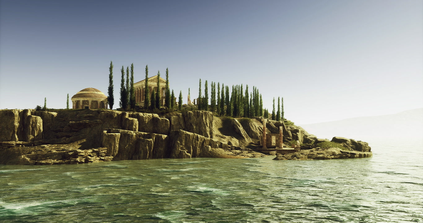 Ancient architectural ruins on a rocky island surrounded by calm waters