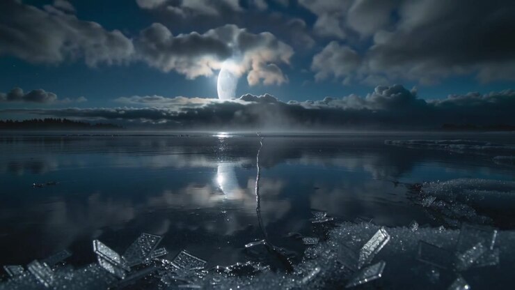 Moving cloud bank slowly obscuring crescent moon and reflection over frozen lake, with ice crystals