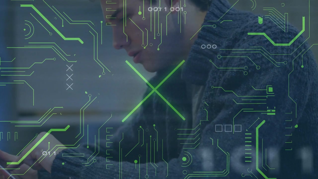Seated man tapping tablet and causing animated circuit HUD, showing network data for tech design