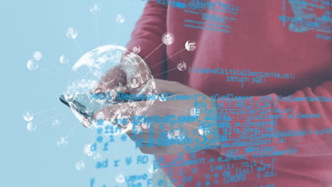 animación del globo y procesamiento de datos sobre la sección media del hombre caucásico usando un teléfono inteligente
