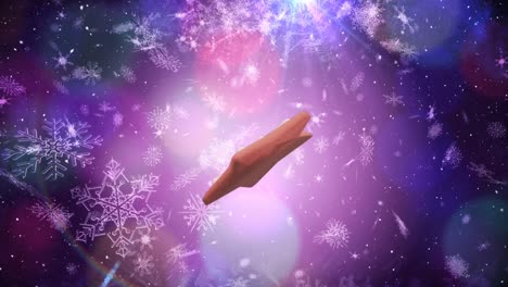 animation of christmas star gingerbread cookie over snow falling and bokeh lights