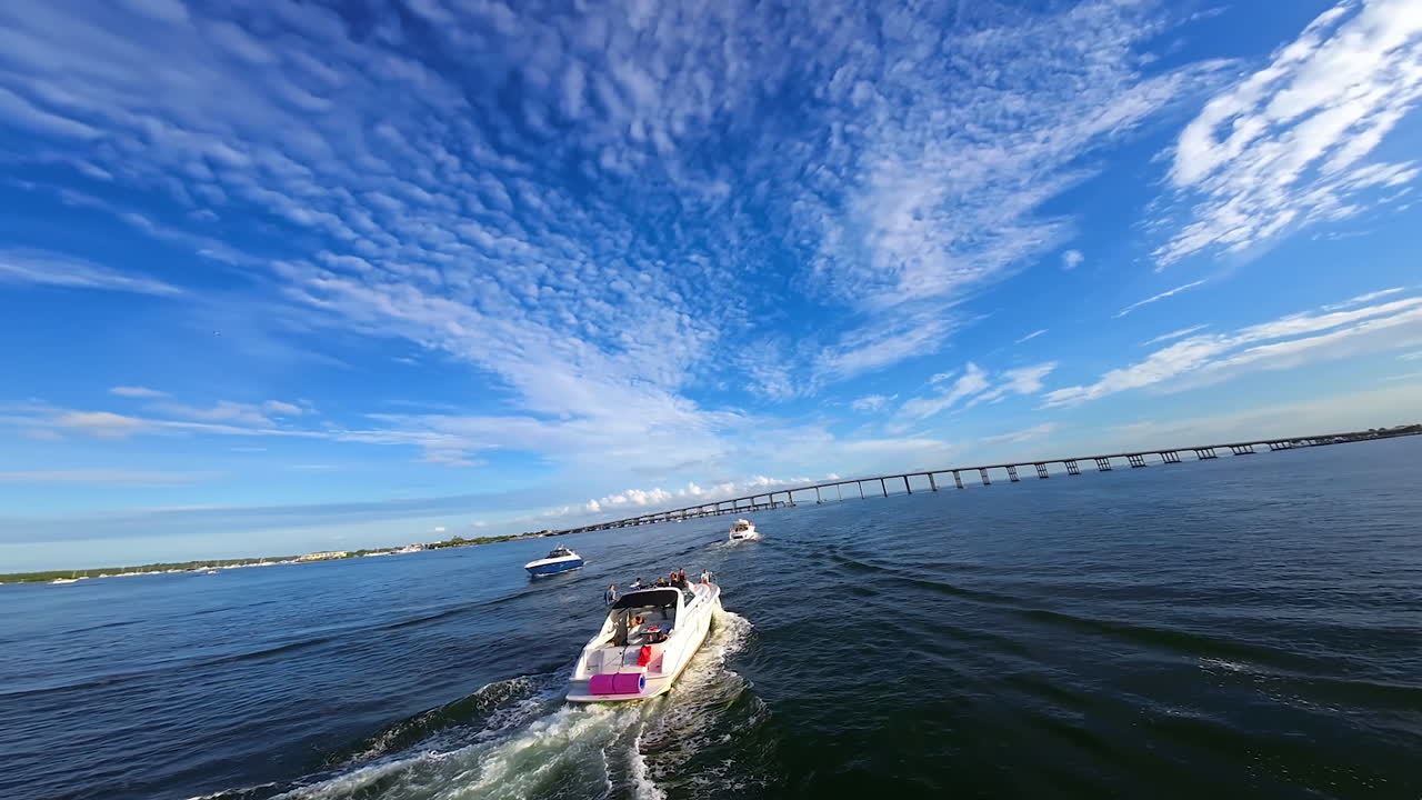Group of people having fun time on the modern yacht. FPV drone flies around the moving water vehicle. Low angle view at the stunning azure sky.