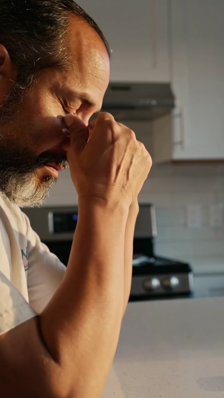 Vídeo vertical: Homem com fadiga ocular esfregando o nariz no balcão da cozinha, com fogão ao fundo.