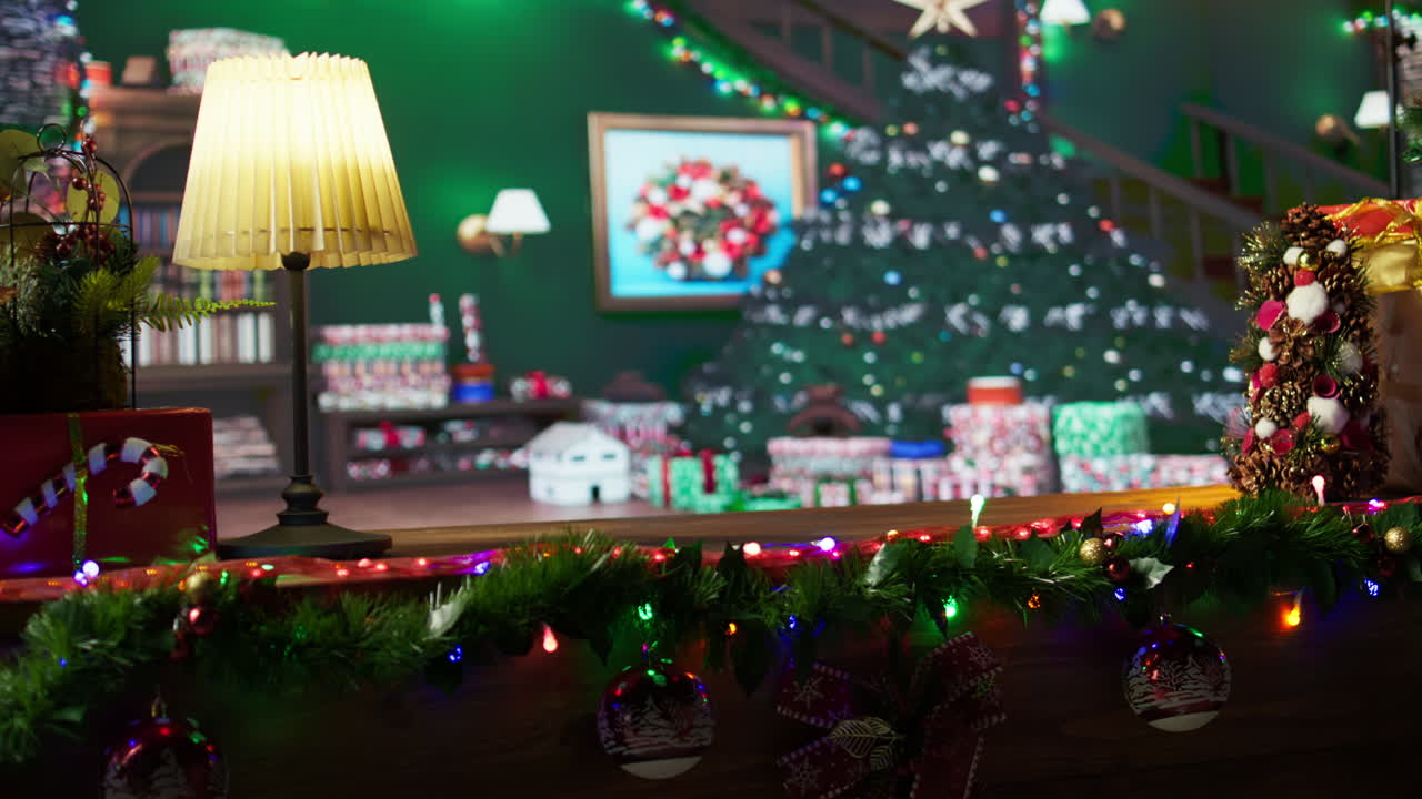 Christmas scene with decorated tree and gifts