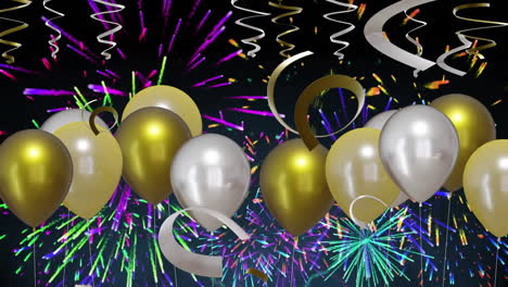 Animation-of-gold-and-silver-balloons-with-fireworks-on-black-background