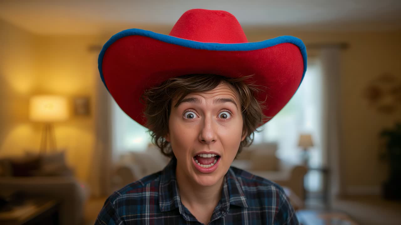 Showing surprise, woman shifting, speaking then smiling in living room, wearing red cowboy hat