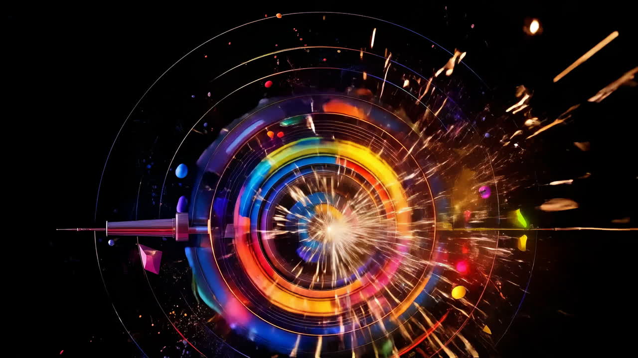 Vibrant abstract patterns. A swirling burst of colors combines geometric shapes with fluid patterns, creating a dynamic visual effect