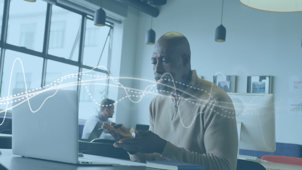 Animation of data processing over diverse business people in office