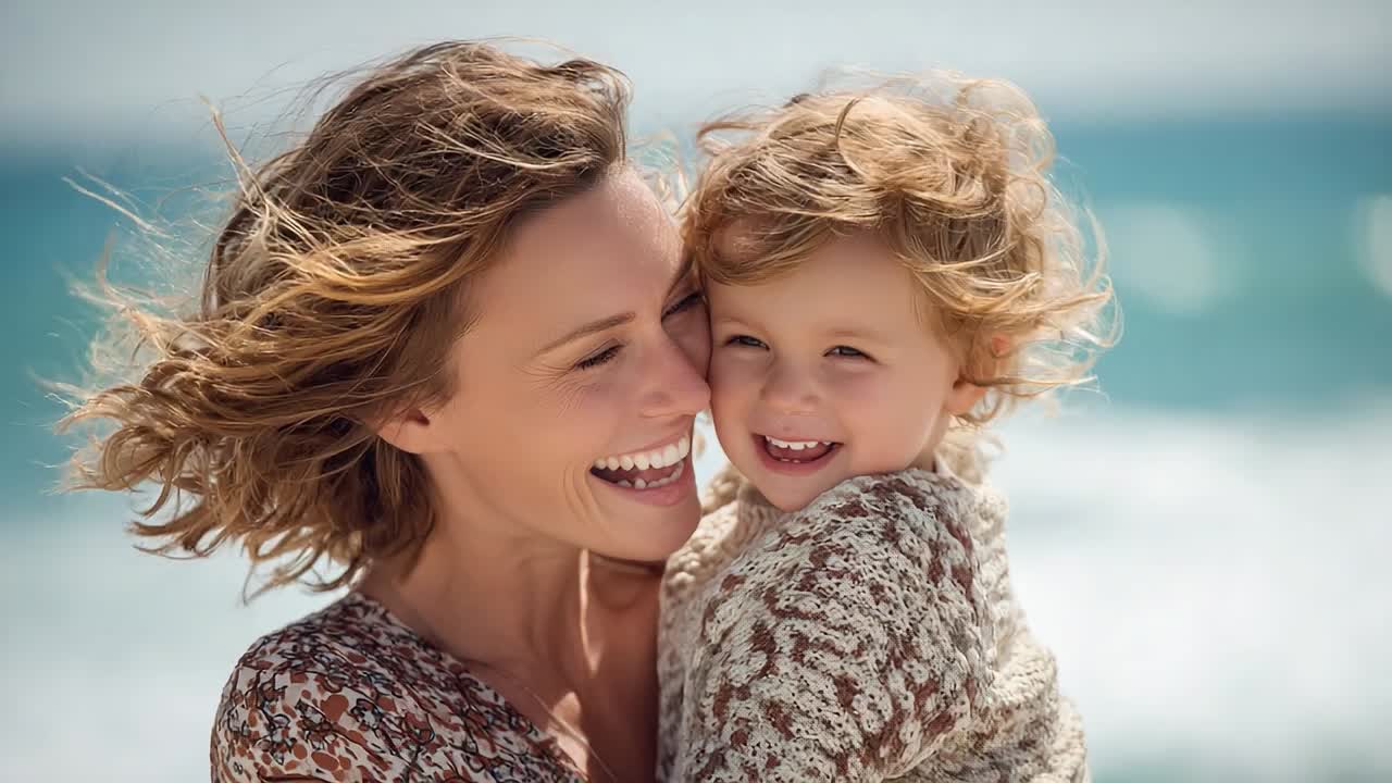 Mutter und Kind teilen einen freudigen Moment am Strand an einem sonnigen Tag