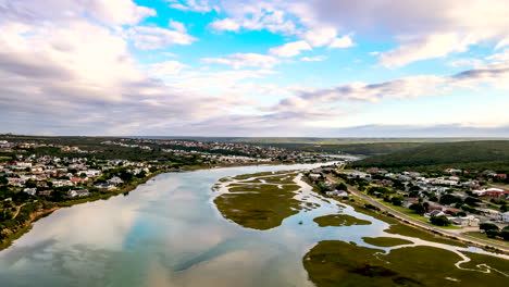 Drone-hyperlapse-over-scenic-Goukou-estuarine-river-in-Still-Bay-at-sunrise