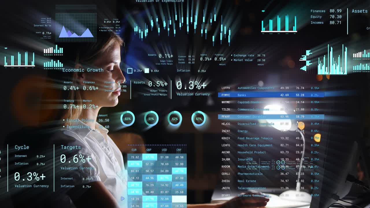 Animation of financial data processing over caucasian business people in office