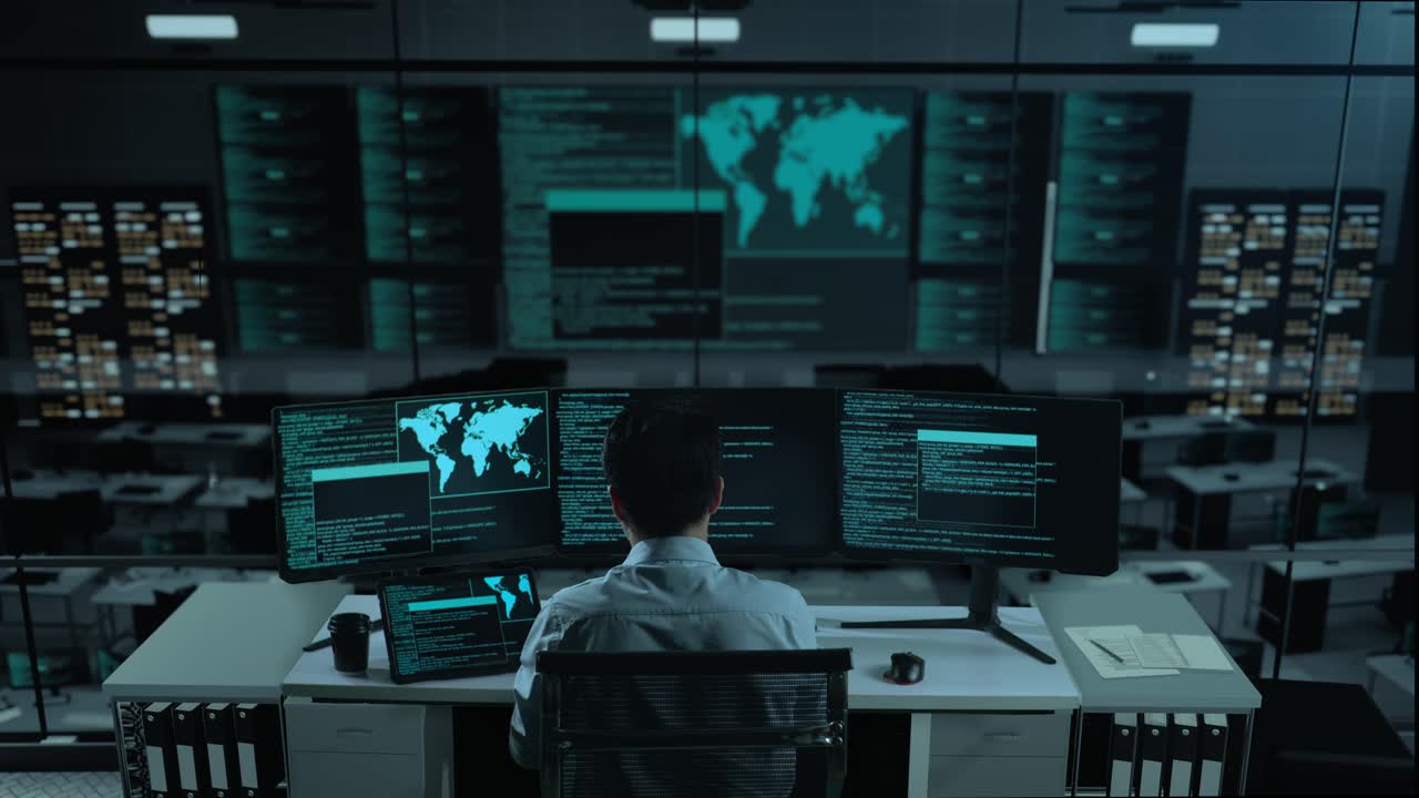 Back View Of Asian Man Developer Working With Tablet While Write Code With Multiple Computer Screens In The Office